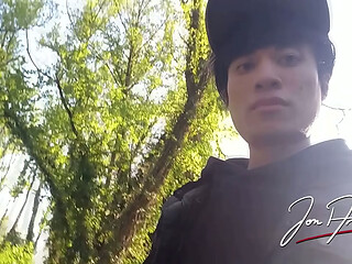 Gay boy Jon Arteen freeballing showing his dick and naked ass outdoor