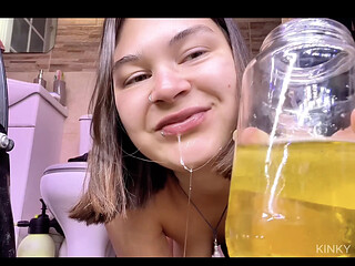 I Drinking His Piss From the Jar with a Red Clip on My Clit