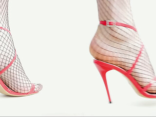 Feet In Black Fishnet Pantyhose Tights And Red High Heels