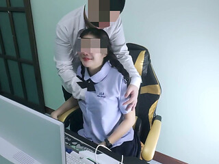 Thai Female Student Secretly Watches On The Computer Caught By A Senior Crying at home (clear Thai voice)18+
