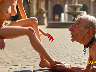 Submissive Man Worshipping Mistress Feet in Plaza