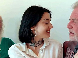 Youthful Brunette Shares Intimate Encounter with Elderly Gentlemen and Swallows Cum
