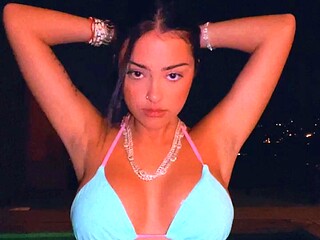 Busty curly brunette with big boobs fucks on couch