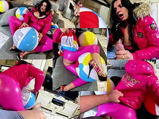 Glossy Pink Downjacket MILF Beach Ball Fetish. Deepthroat, Doggy and Triple Cum