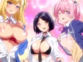 Hot hentai with horny schoolgirls with big boobs seducing a lucky guy