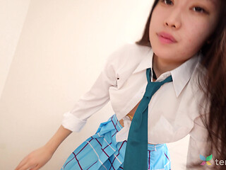 Japanese Babe Mio Ito Shows Us Her Sexy Legs and Hairy Pussy in Her Uniform
