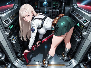 Private moments inside the futuristic spaceship where her white uniform is stretched to perfection.