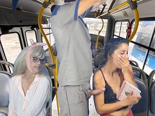 Wild freak hops on the bus and gets busy with nymphs in public!