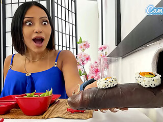 Sushi Glory Hole: Busty MILFs Share a BBC While Petite Asian Watches
